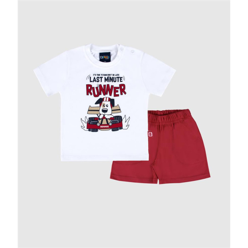 Conjunto Runner Bennie – t-shirt branca e calção vermelho